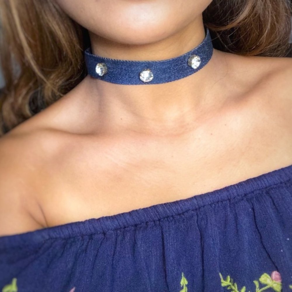 Denim choker Necklace Triple Gem